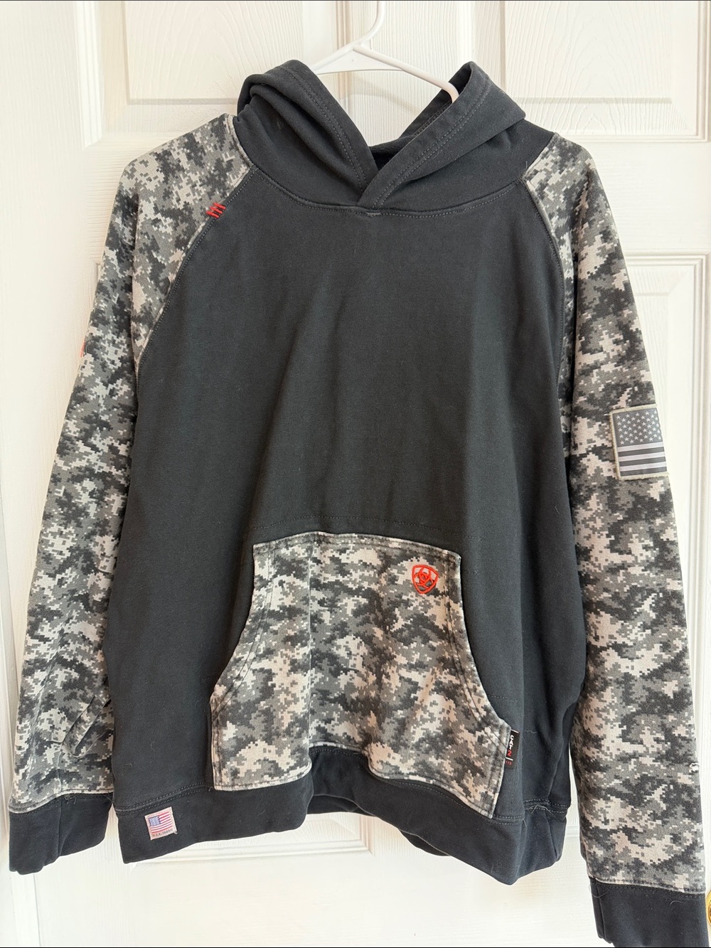 FR CAT 2 Ariat Black Hoodie with Gray Digital Camo Sleeves